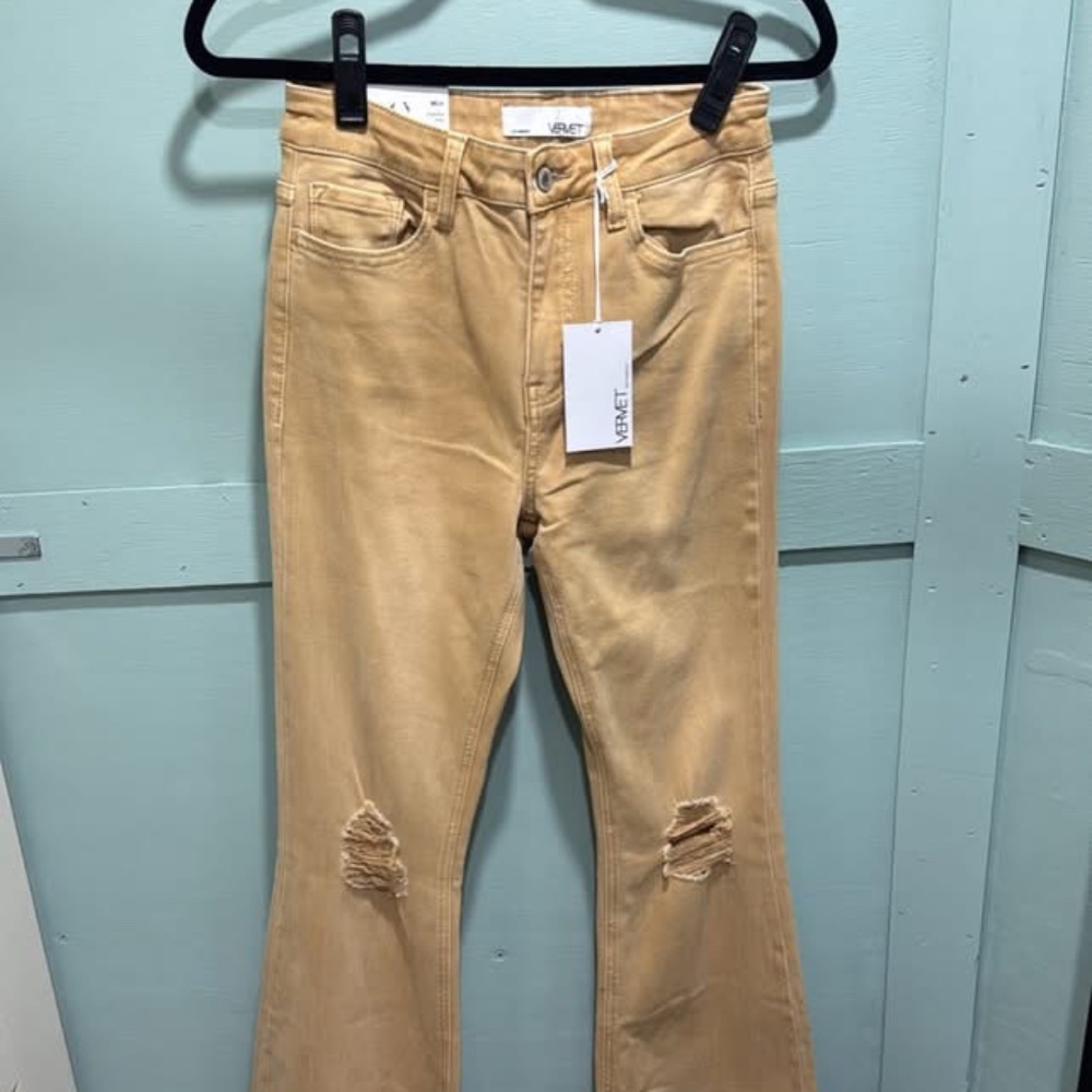 Tan Flare Vervet Stretchy Jeans